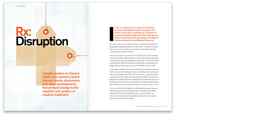 Three interior feature spreads (above, top to bottom) on enterprise risk management, financial literacy, and health care in the U.S.