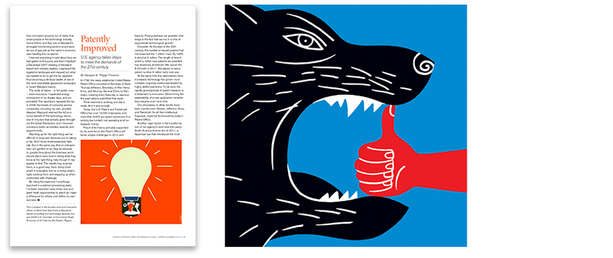 Left: a “Perspectives” piece on changes in the U.S. Patent Office. Art by Sebastien Thibault Right: illustration by Luba Lukova for an article on crisis management