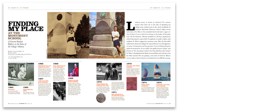 Above: A 1917 photo of a female student standing next to a burial monument near campus is juxtaposed with a shot of a current student, Alex Bird ’16, in the same spot. The timeline continues below the essay.