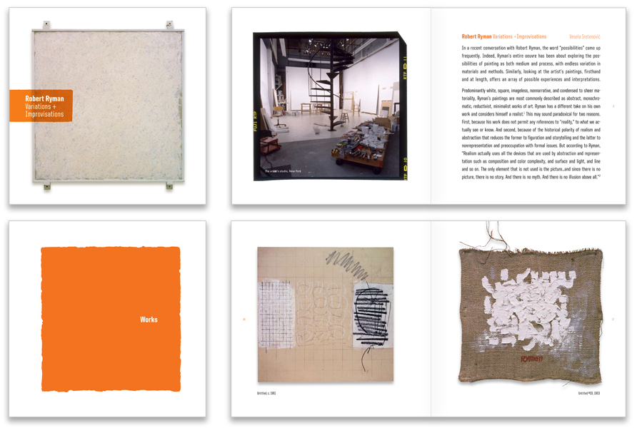 Cover, section dividers and spreads highlight the square format of the artists work.