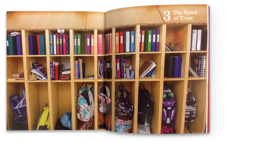 The school’s deep commitment to values education is powerfully portrayed by images of trust, like the open lockers found throughout the school.