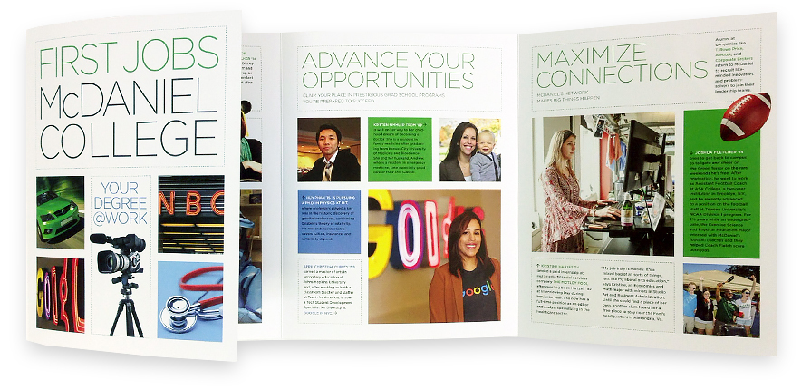 The grid system provided the perfect format for the “Yield Piece,” sent to admitted students, with brief bios and quotes from recent alums in a wide variety of occupations reflecting the versatility of a McDaniel liberal arts degree.
