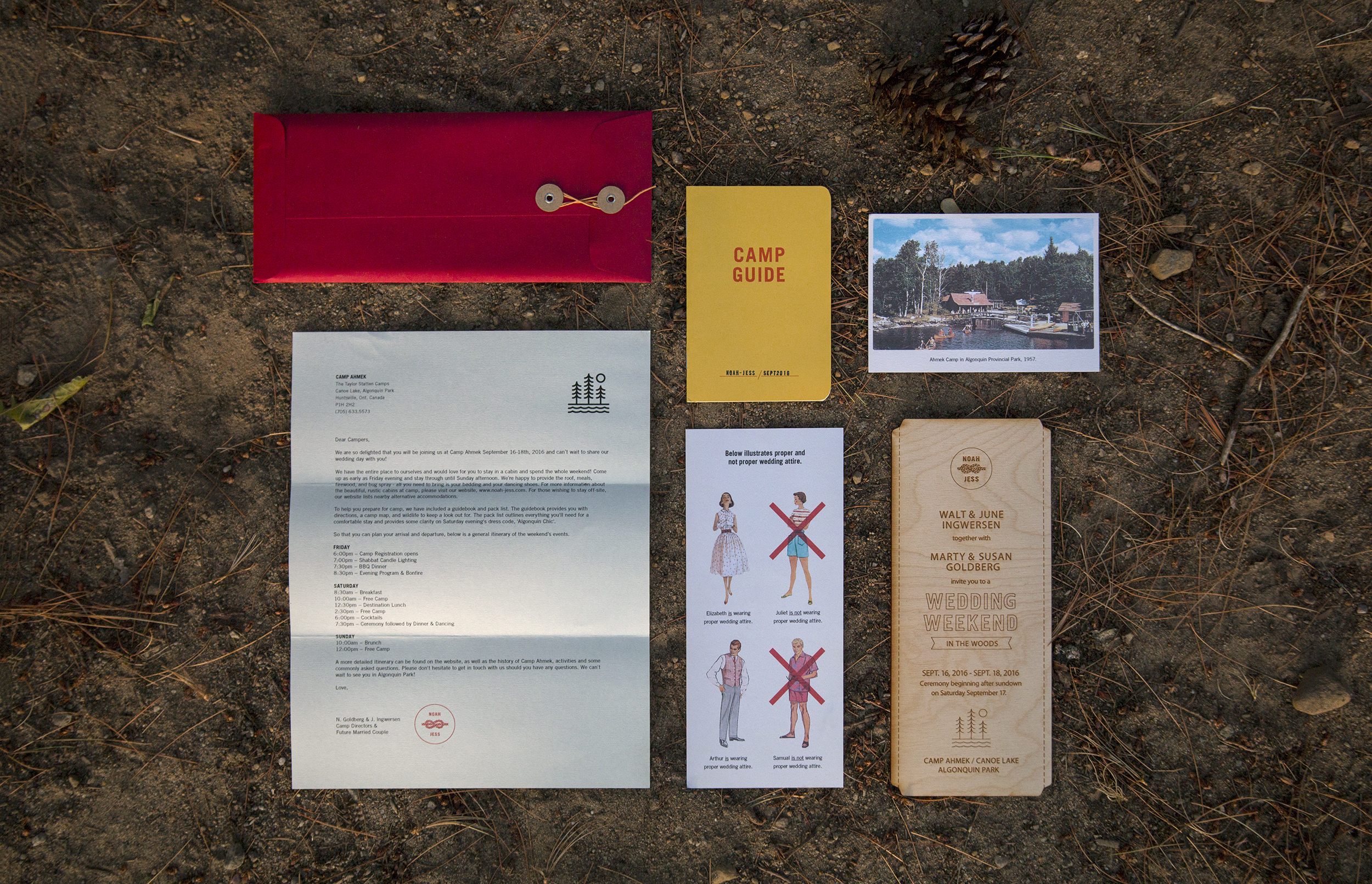 To give the invitations that nostalgic camp look, the majority of printing was done on an ink jet printer, with the actual invitation laser etched into wood.
