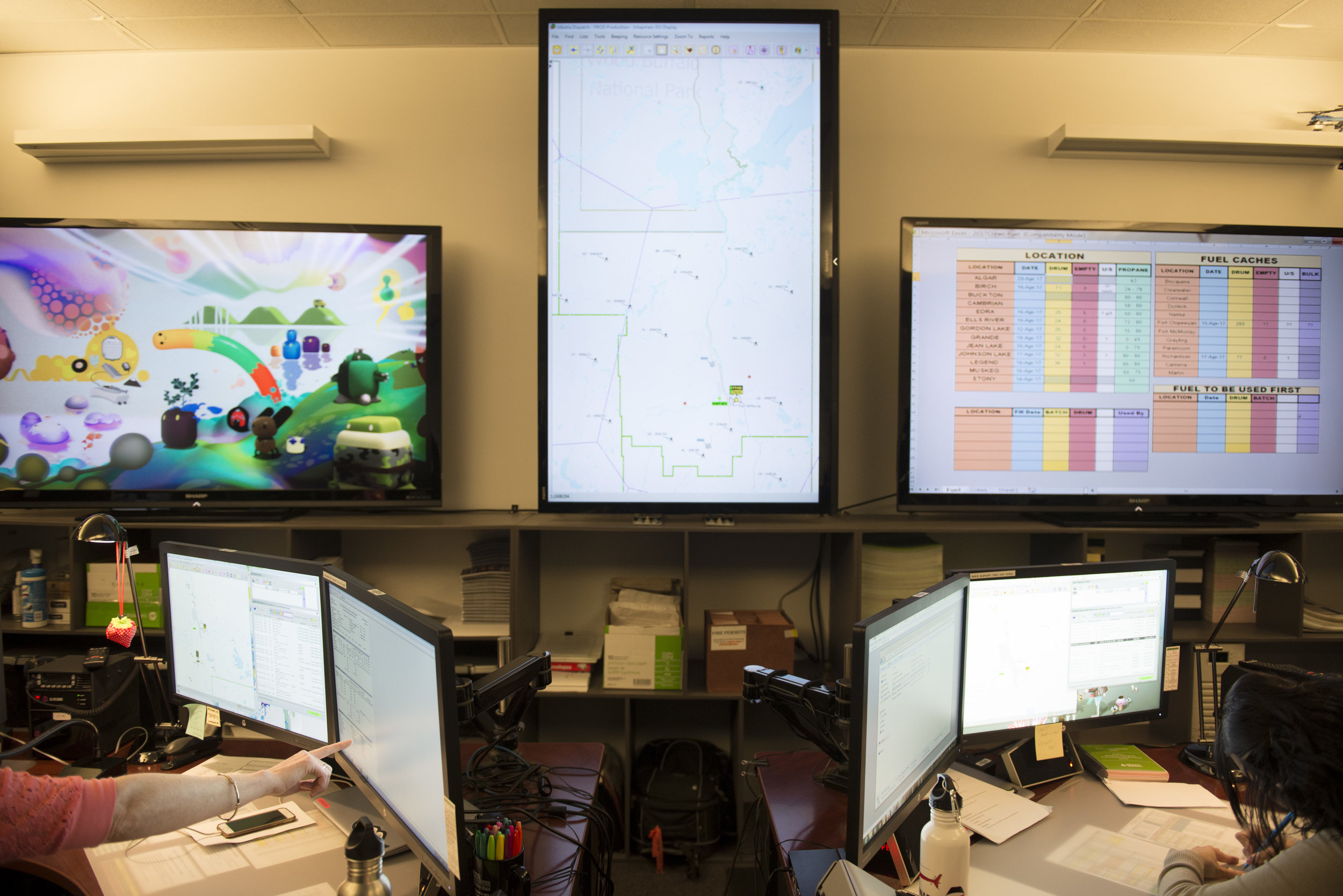 Bernie Schmitte’s Fort McMurray office is a command centre full of screens that track everything from the location of lightning strikes to the amount of food each camp has in stock. “Wildfires are becoming larger and more complex and harder to fight,” he said, noting his department constantly evolves to keep up.
