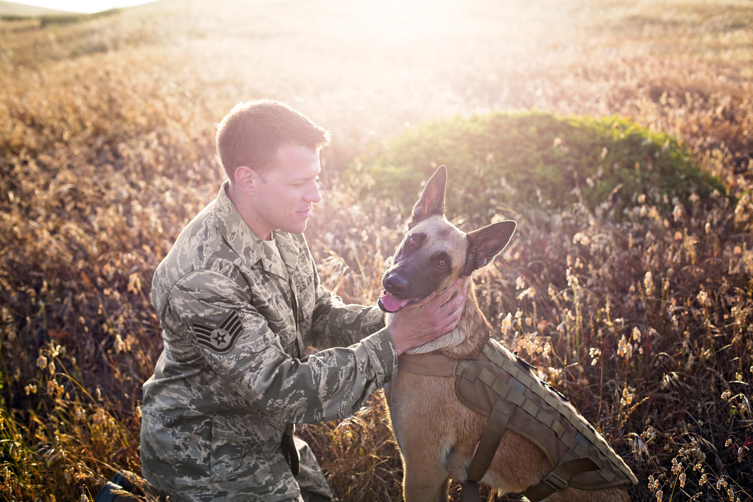 Military man and his working dog.