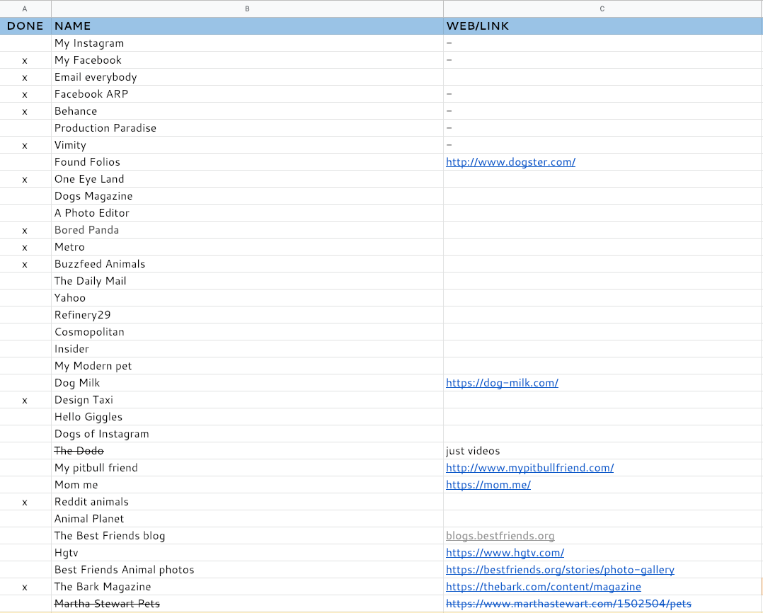 This is part of the excel I made with a list of magazines, blogs and social platforms.