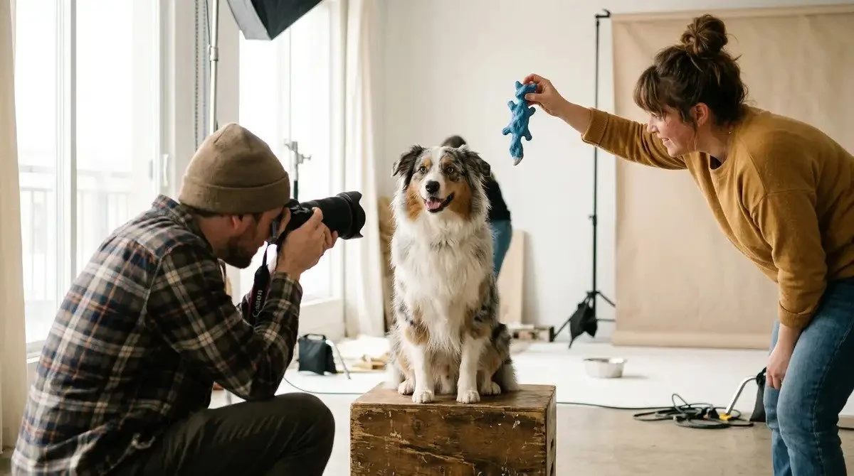 Behind-the-scenes of an Australian Shepherd sitting on a wooden crate in a photo studio while a photographer shoots and an assistant holds a blue toy