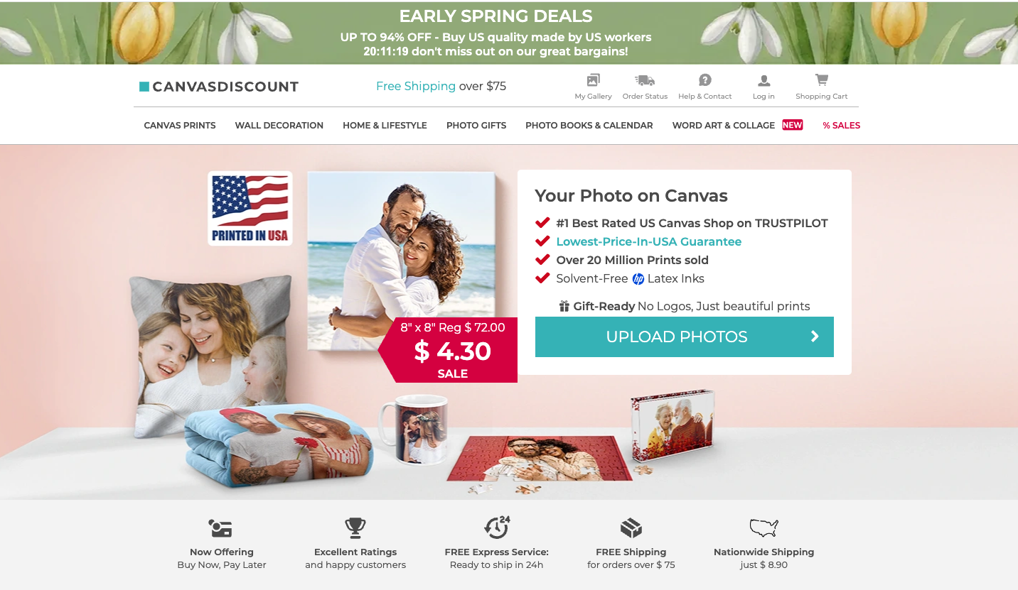 Navigation menu of CanvasDiscount website showing product categories including canvas prints, collage canvas prints, canvas wall displays, and canvas wall hangings