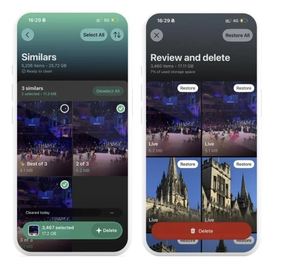 iPhone photo cleanup screens showing similar event photos selected to review and delete