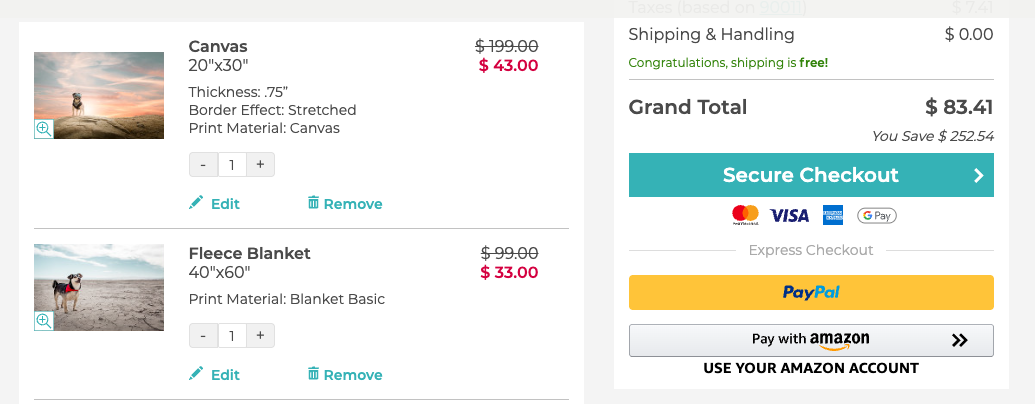 CanvasDiscount shopping cart showing a 20x30 inch canvas print of a dog portrait at $43 and a 40x60 inch fleece blanket at $33, with a grand total of $83.41 and free shipping