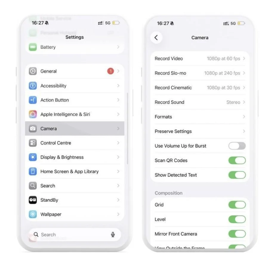 iPhone Settings and Camera menu showing the Grid and Level composition guides switched on