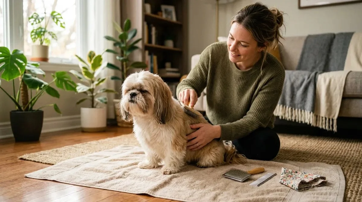 Woman gently brushing a small fluffy dog on a towel in a living room before a photo session