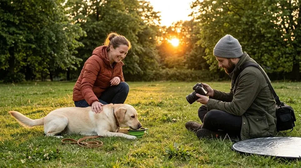 Yellow Labrador drinking from a bowl outdoors during a sunset photoshoot while the owner pets it and the photographer checks his camera