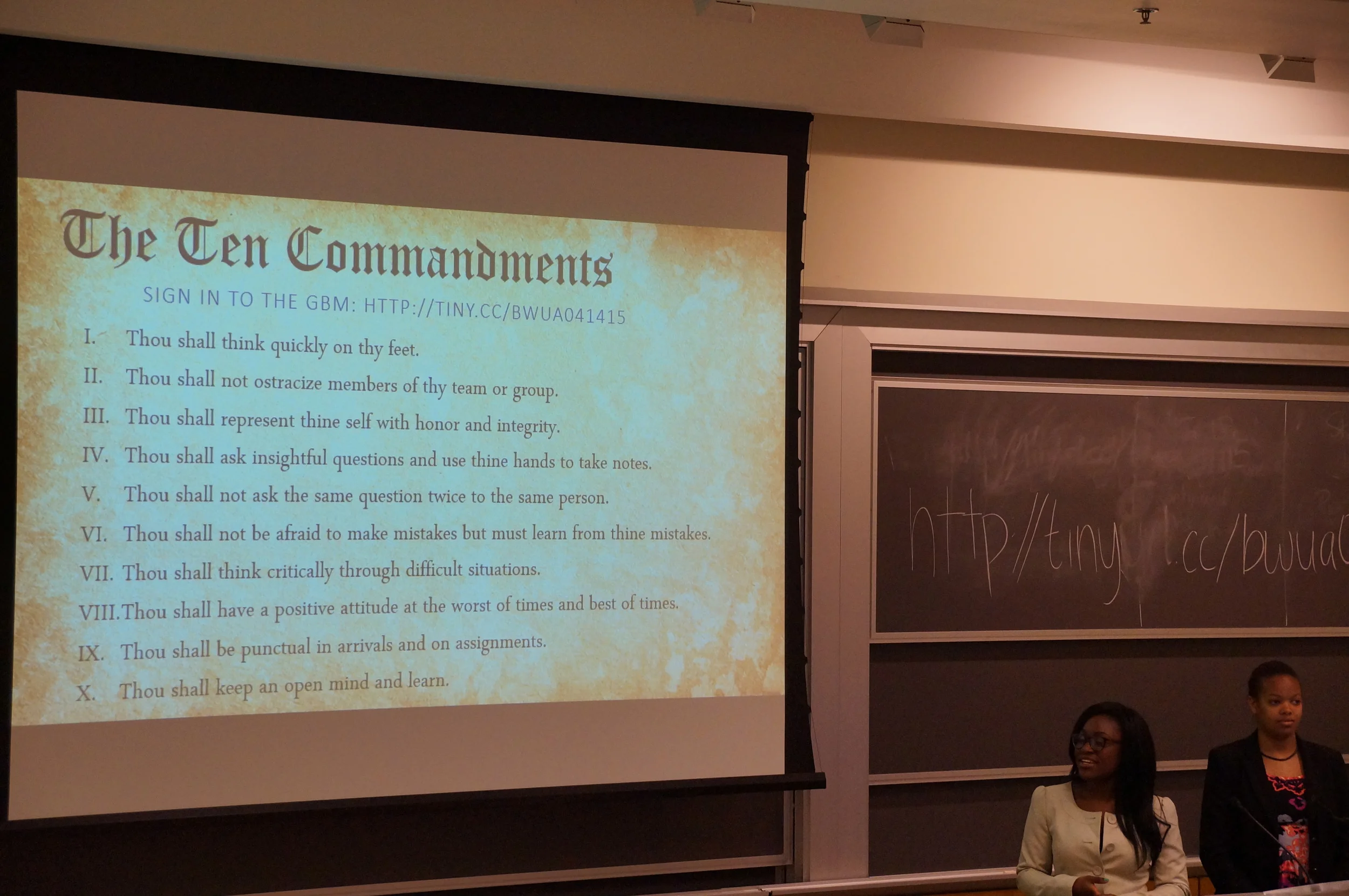 Director of Alumni Relations Fola Onifade and Director of Membership Sydney Williams dove right in starting off the GBM with their Ten Commandments for entering the workplace.
