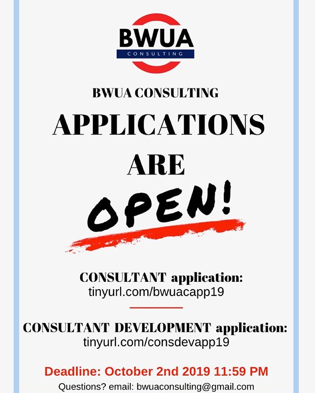 Applications for BWUA Consulting are now open! If you&rsquo;re interested in learning more about consulting and helping local Black owned businesses be successful APPLY!
