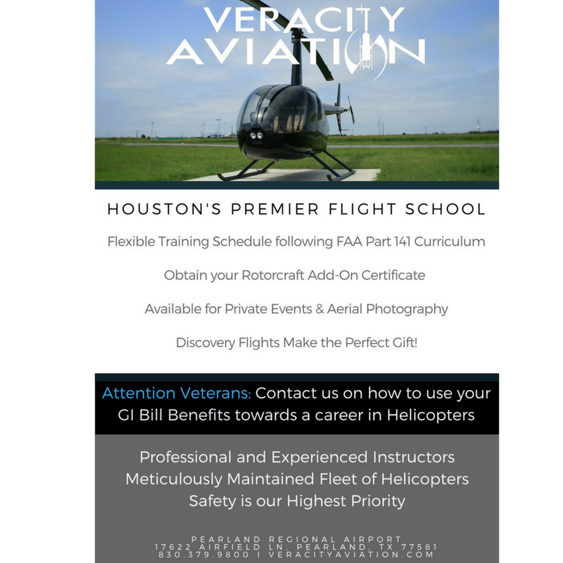 Veracity Aviation is the Premier Helicopter Training provider in the Houston Area! Headquartered in Seguin, TX since 2008, Veracity offers many solutions to your rotorcraft needs. The Pearland location has been active since July of 2016, offering flight training, tours, aerial photography, and private event bookings. Eric and TJ are both Veterans who bring their knowledge and experience to KLVJ 6 days a week, helping local pilots reach new heights. Their fleet of Robinson Helicopters includes the R22 and R44, and they can customize your training to fit your needs as the only part 141 Helicopter training facility in Houston. Find out more about the flight school by visiting their website www.veracityaviation.com or by calling Veracity HQ at (830) 379-9800! Don't hesitate to swing by the office and say hello to Eric and TJ, they are always happy to help!