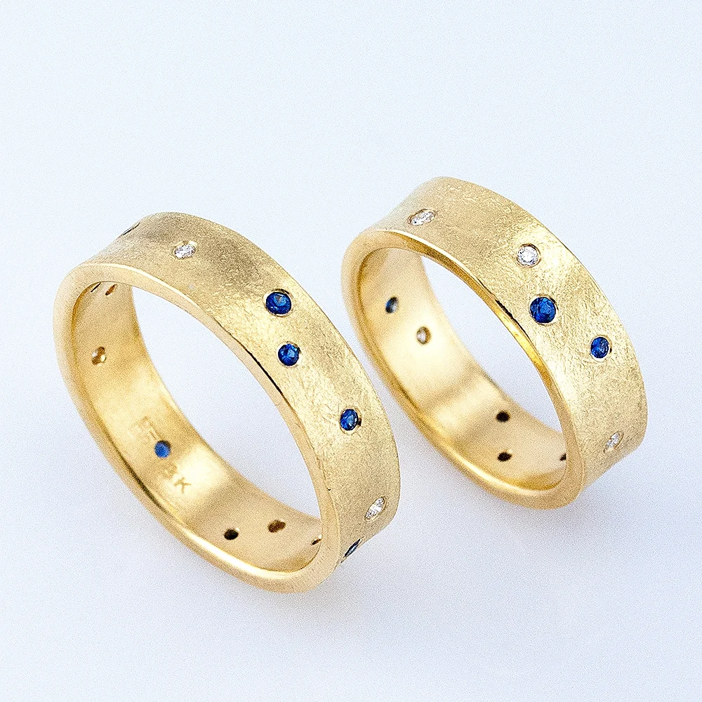 Pair of Desert Wedding Bands with Sapphires and Diamonds