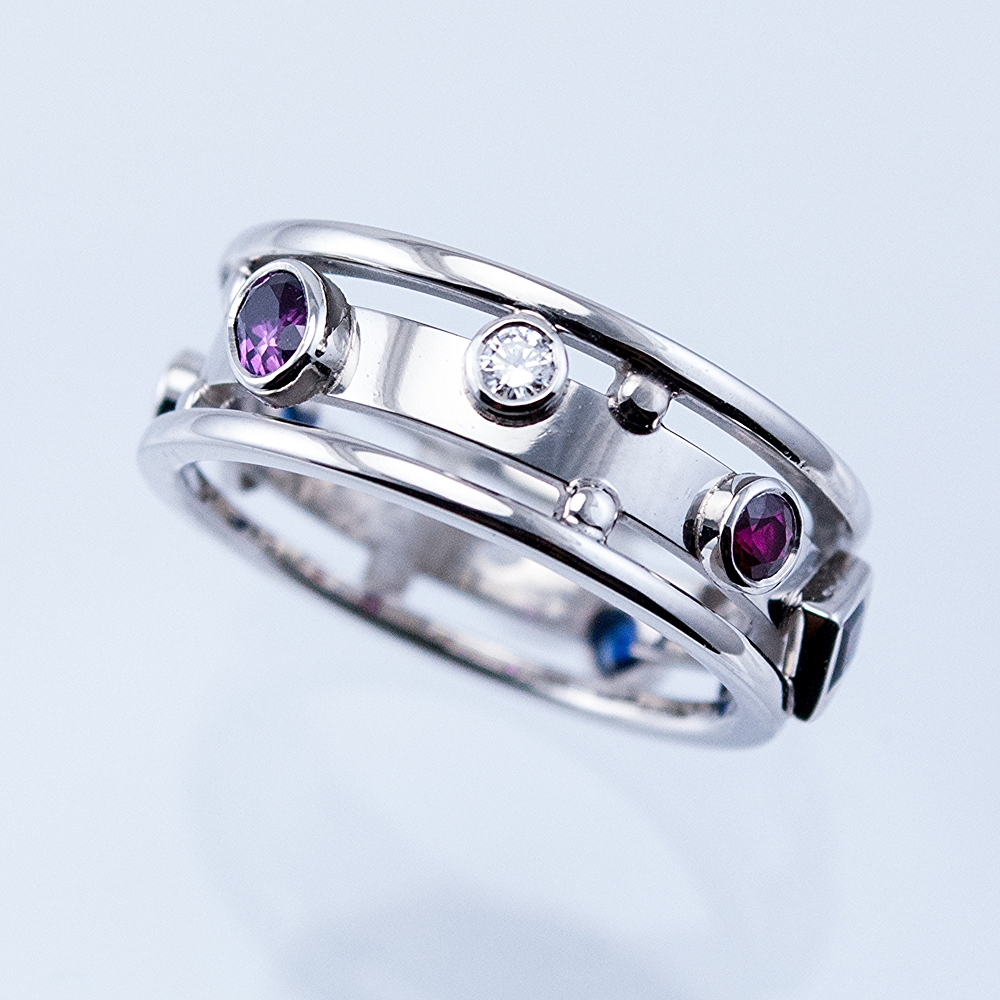 Custom Memory Ring with Diamonds, Sapphires and Rubies