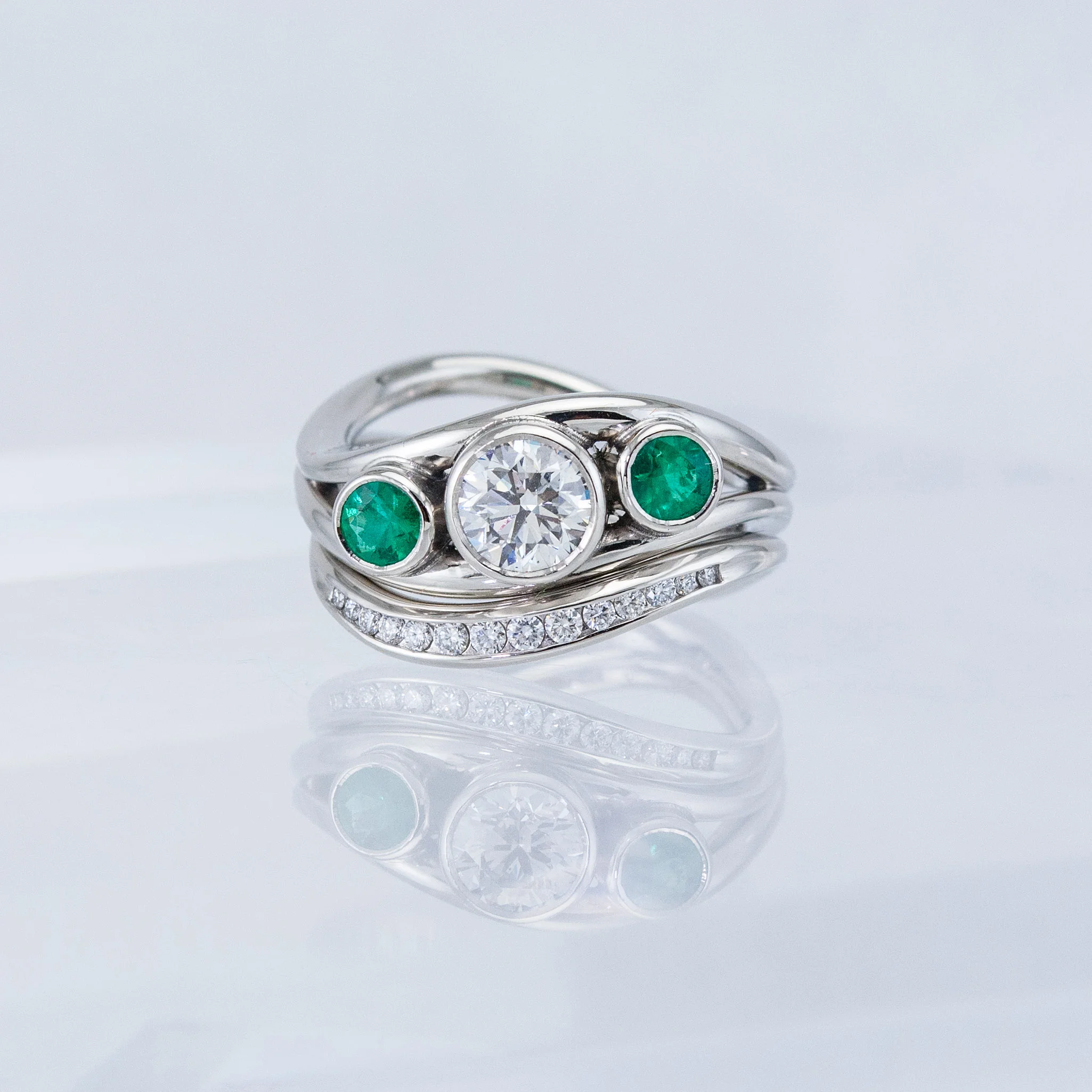 Duality Wedding Set with Diamond and Emeralds