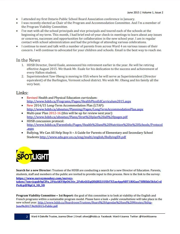 Ward 4 Oakville Trustee Newsletter_June 2015 Page 2