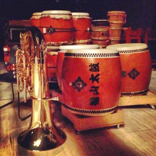 My tuba backstage next to some taiko drums before a Boston Brass performance in the mountain town of Yuzawa in the Niigata Prefecture of Japan.
