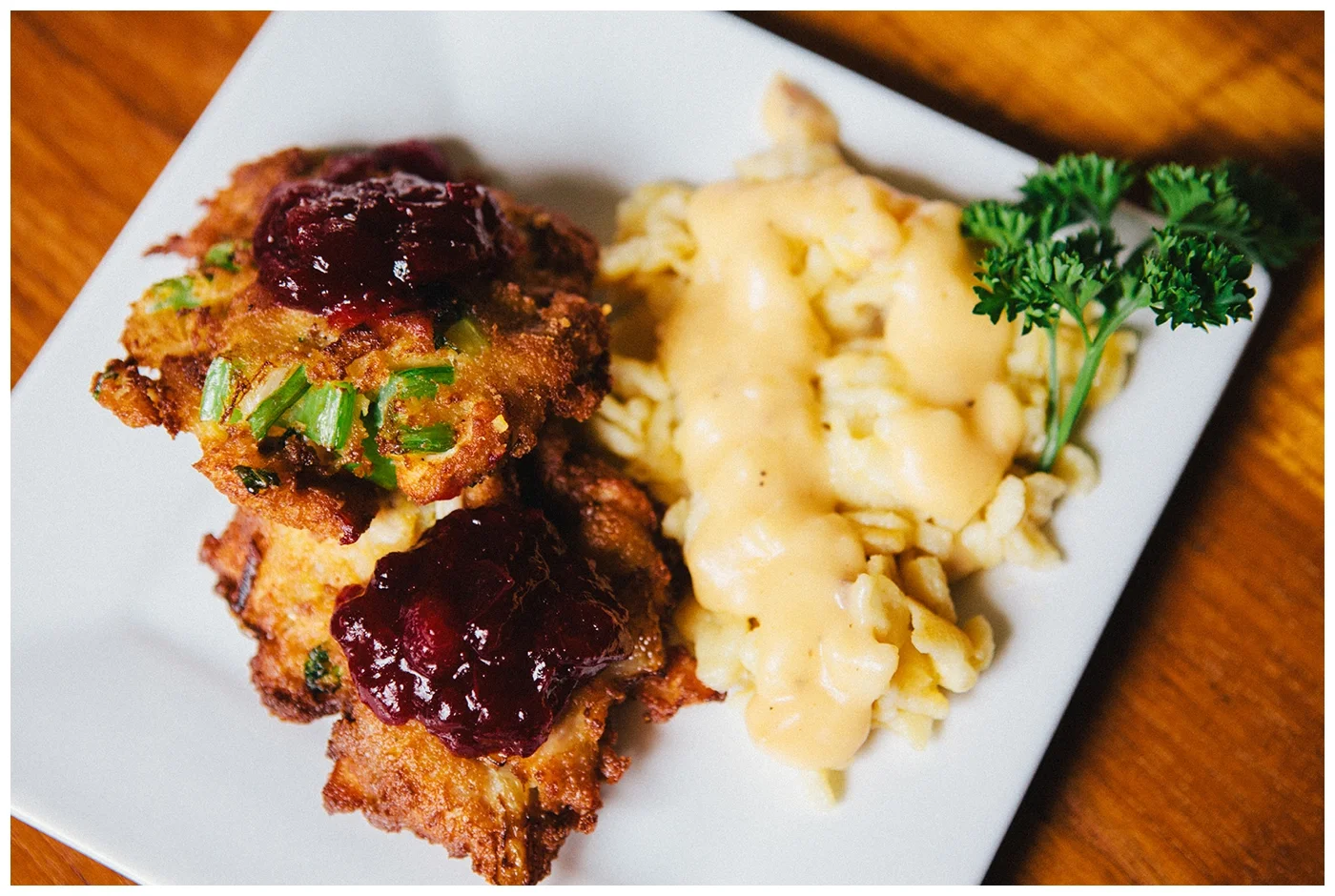 Turkey Cakes with Potato Spätzle and Gravy