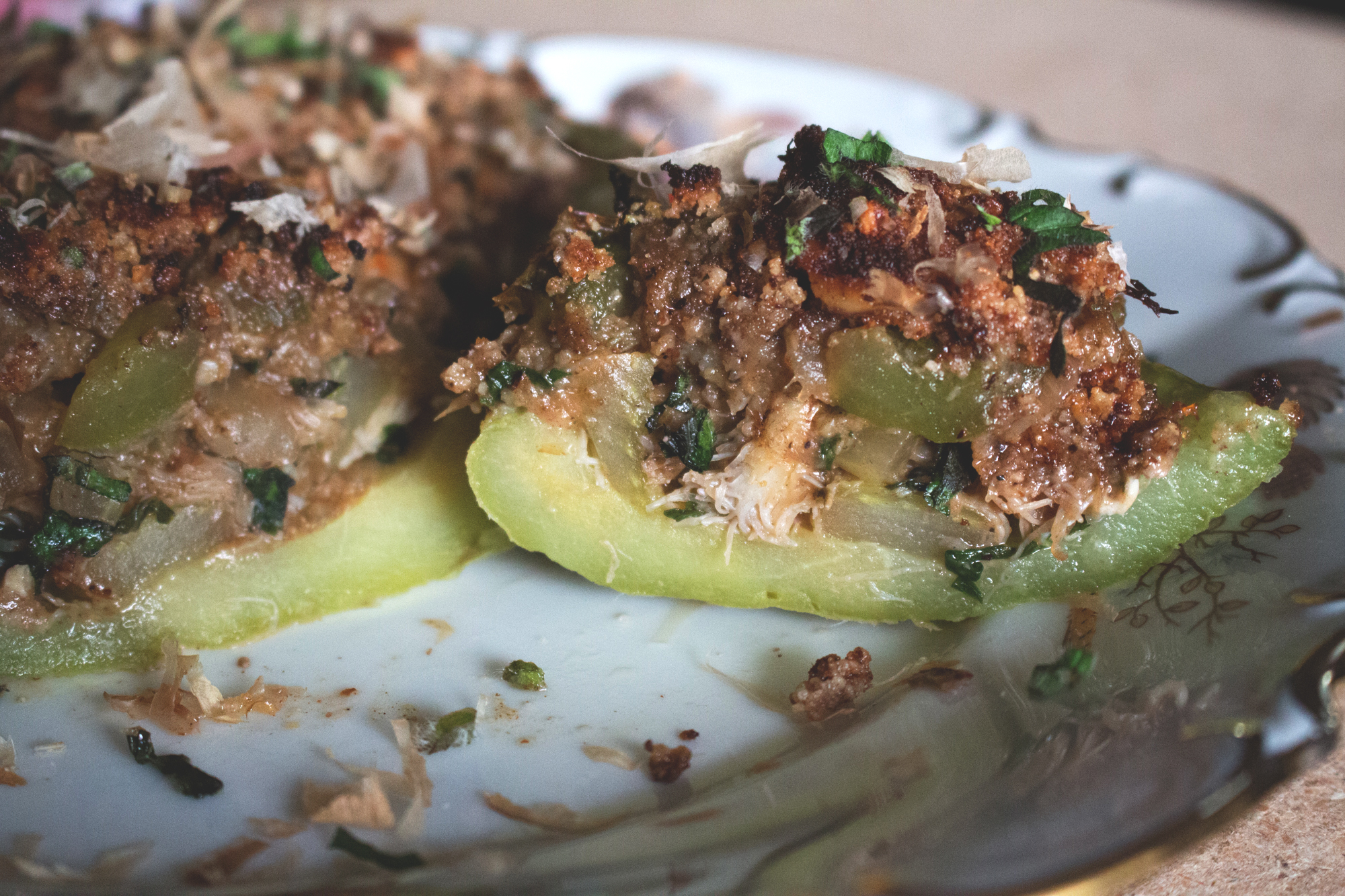 Stuffed Mirliton Topped with Pecans — Braised & Burnt