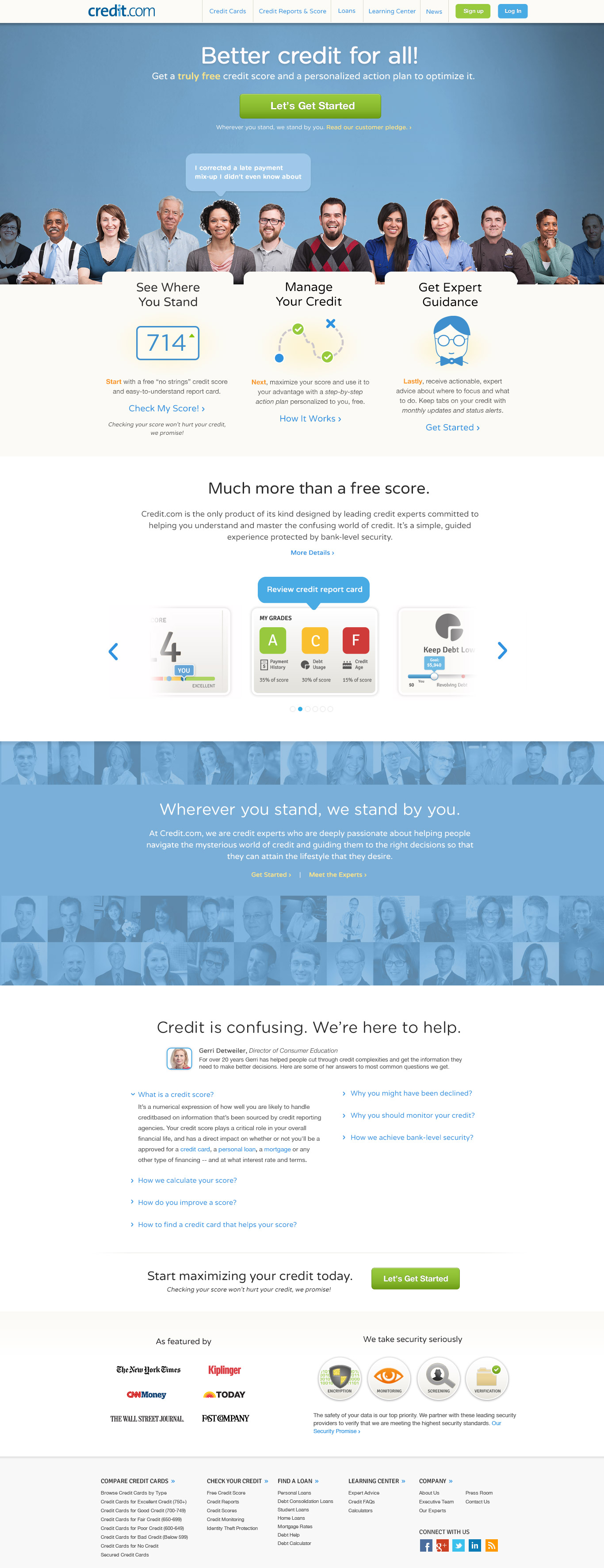hompeage writing for the relaunch of credit.com. they wanted this iteration of their homepage to convey a more human approach. pinwheel also sourced the people photography. 
