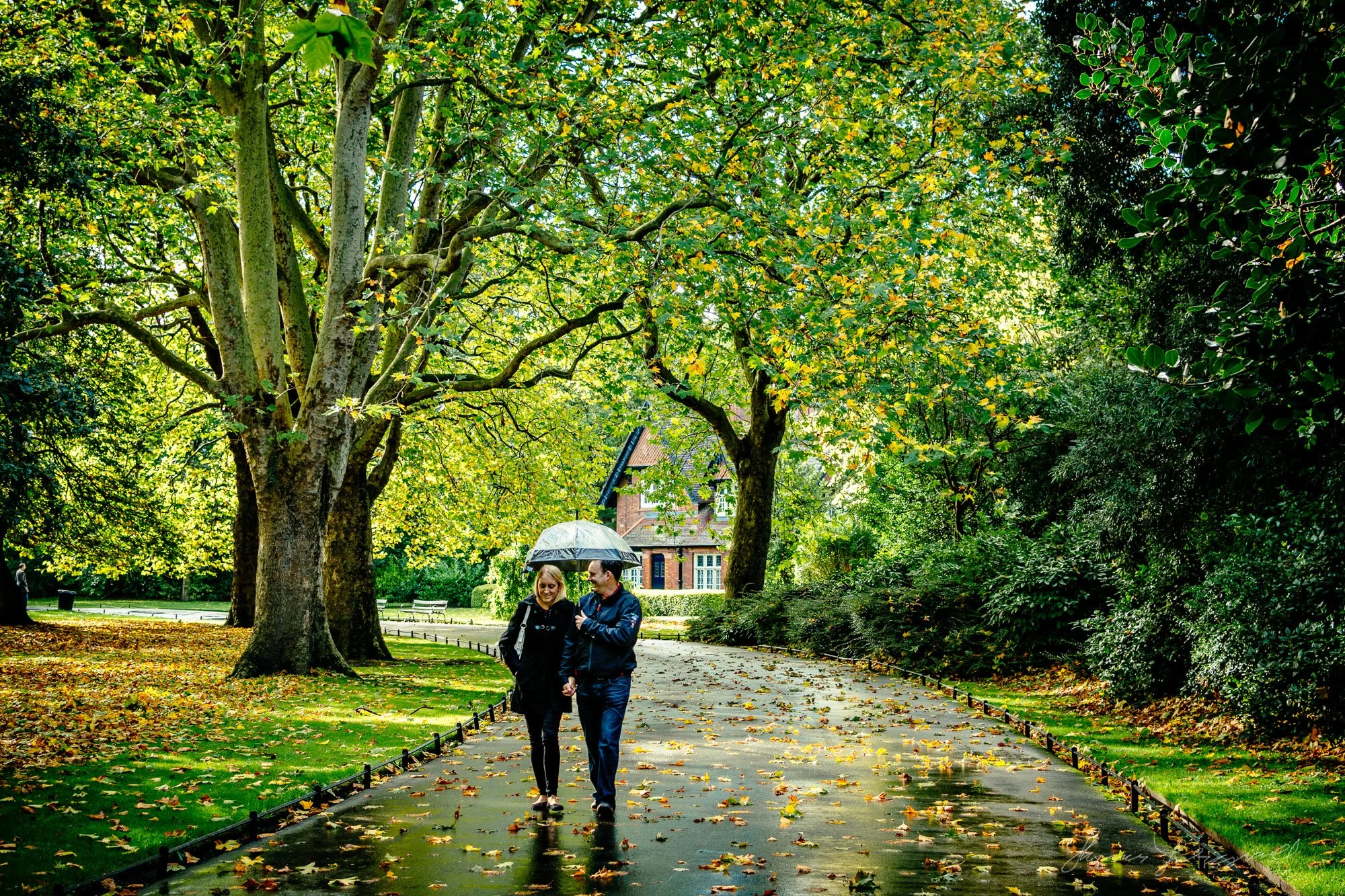 A Couple enjoys A Rainy Autumn Day in Stephen's Green