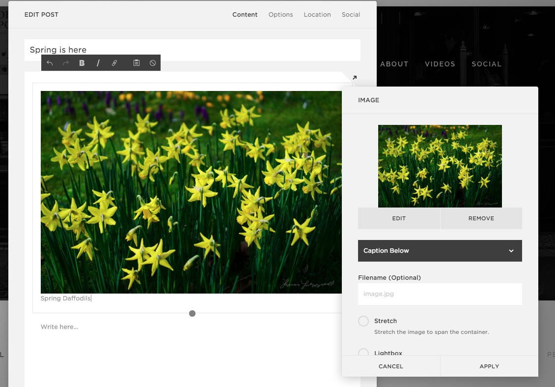 Entering captions in Squarespace