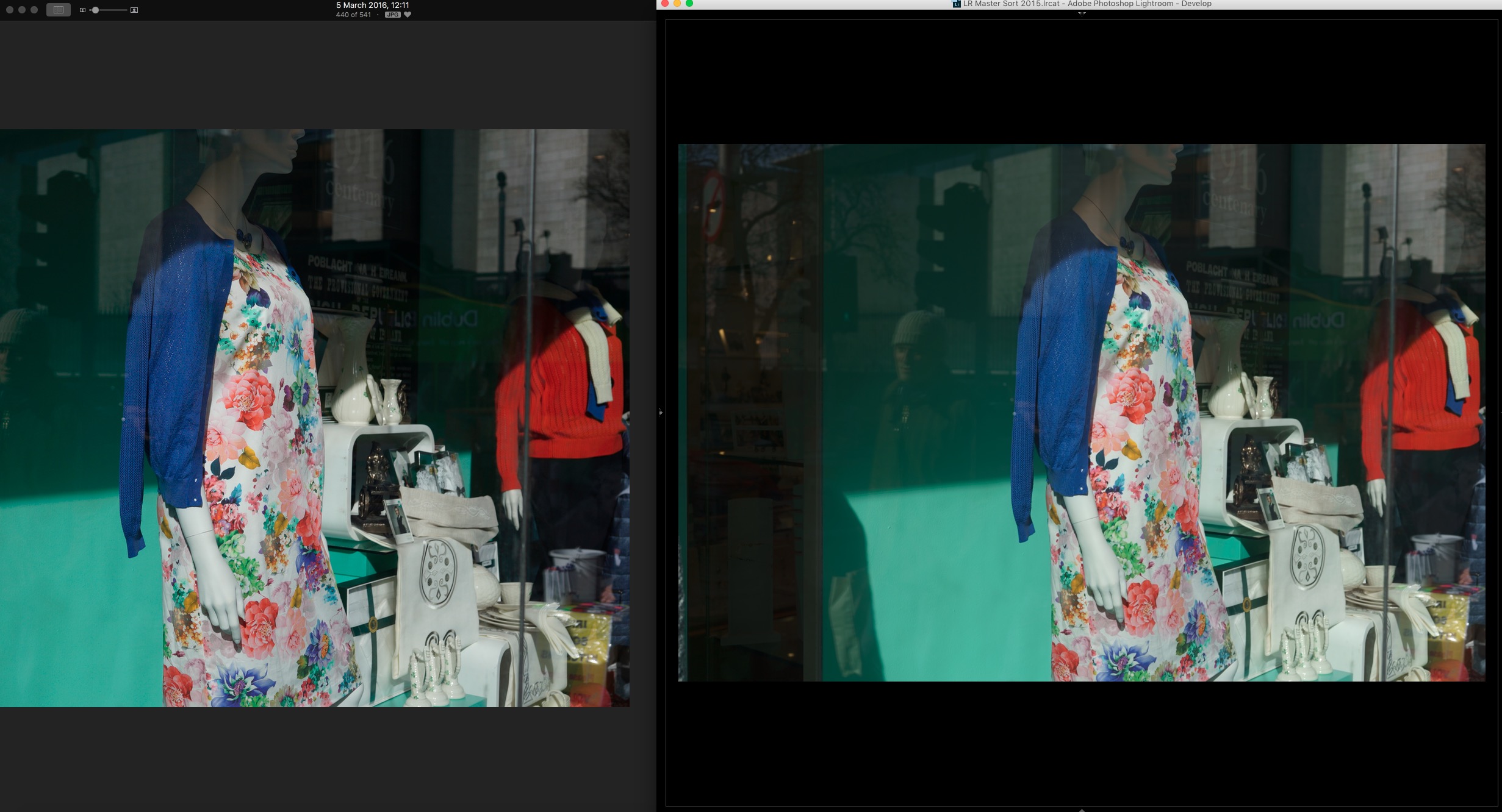 Jpeg on the Left and Raw in Lightroom on the Right. Uncalibrated, just the "Camera Standard" picture profile applied. Notice the blacks in the poster, and the reds on the jumper.