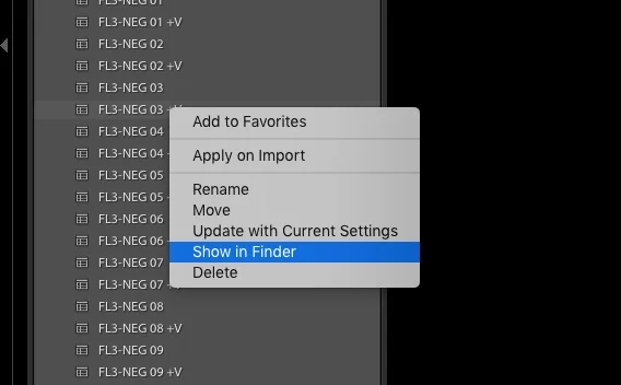 Lightroom Classic - Presets - Show in Finder