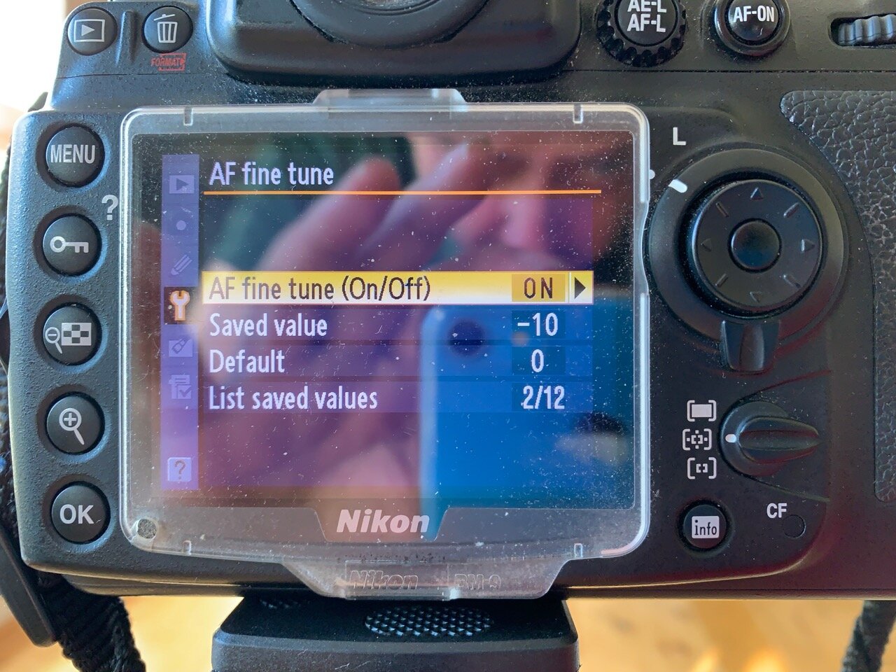 Setting AF Fine Tune Values on the camera