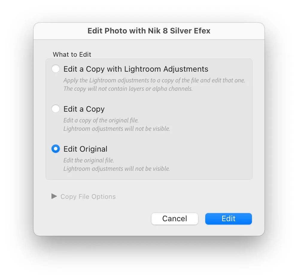 Lightroom screenshot showing how to edit original when using an external editor