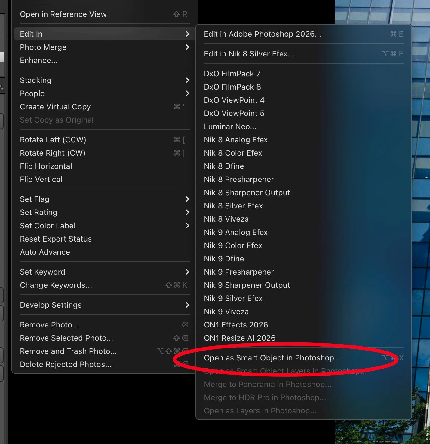 Screenshot showing the menu item in Lightroom to send an image to Photoshop as a smart object