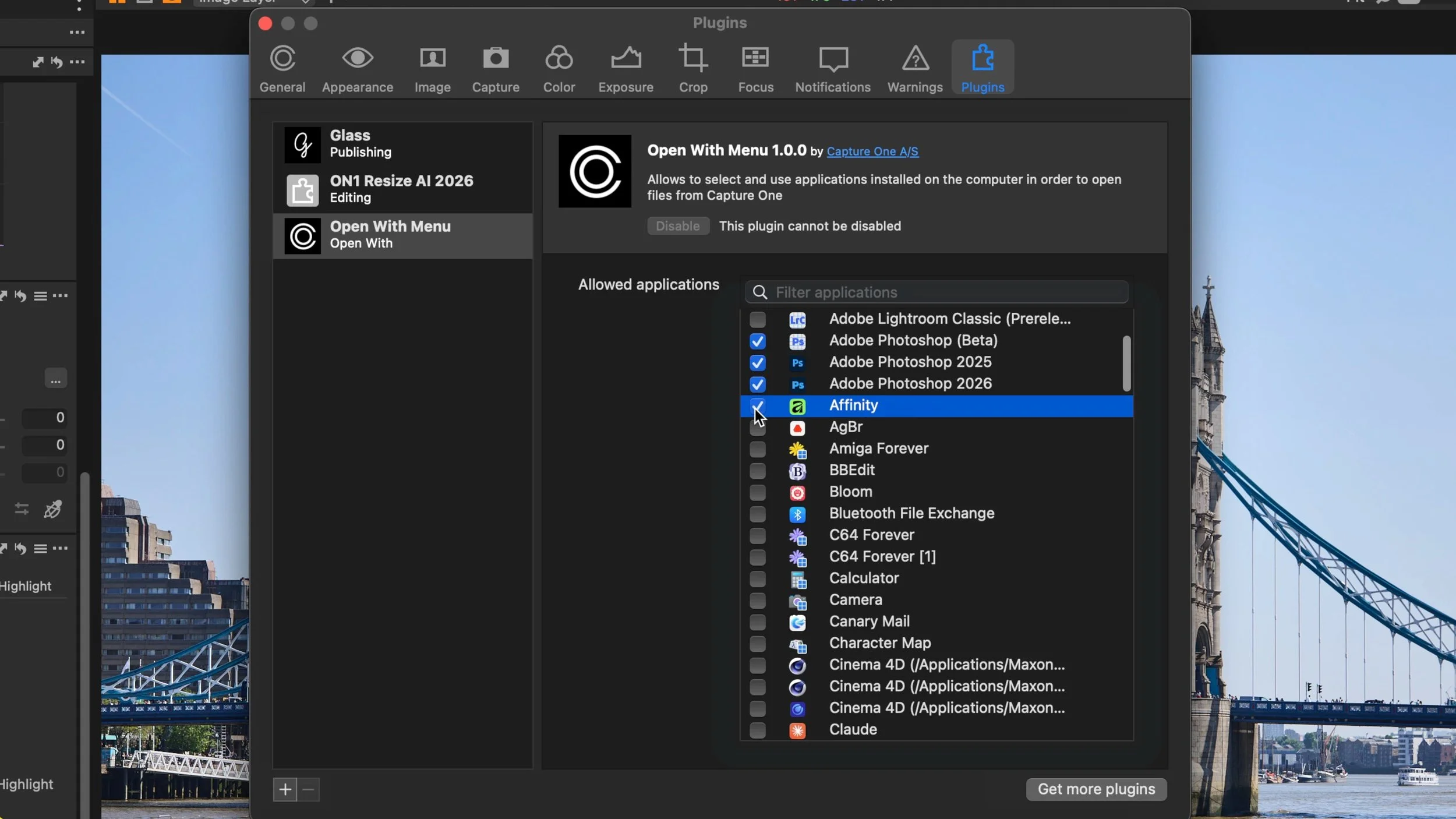 Capture One Screenshot showing the "Open With" preferences