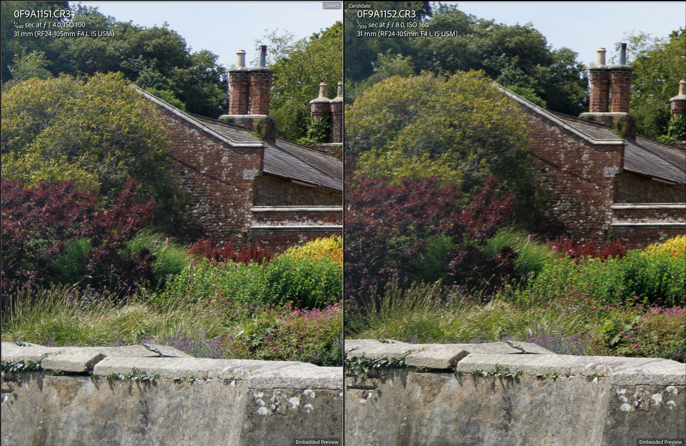 Lightroom screenshot showing the problem of a soft lens on the Canon 24-105F4L when stopped down