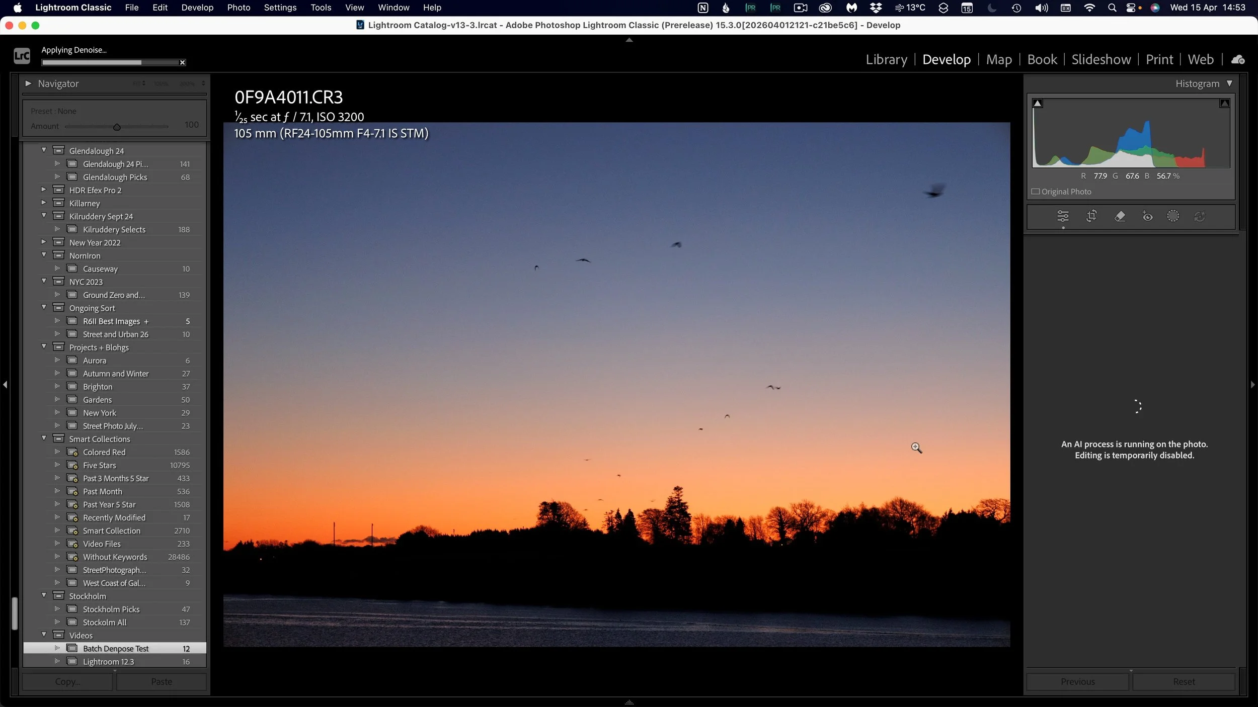 Screenshot of Lightroom 15.3 showing AI processing in the background