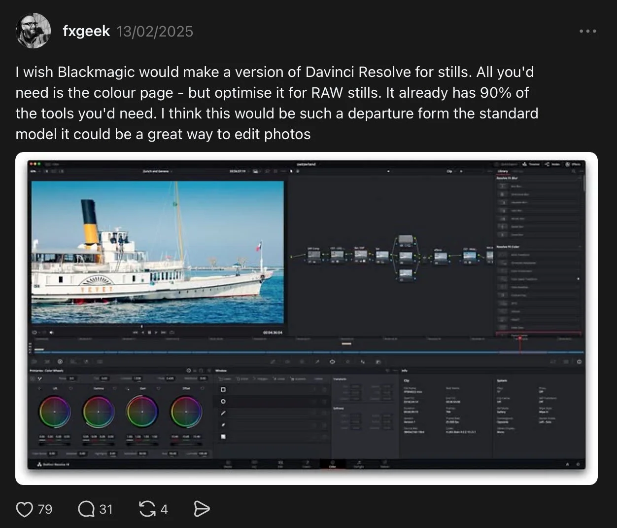 Screenshot of threads post where I wished for photo editing in Resolve