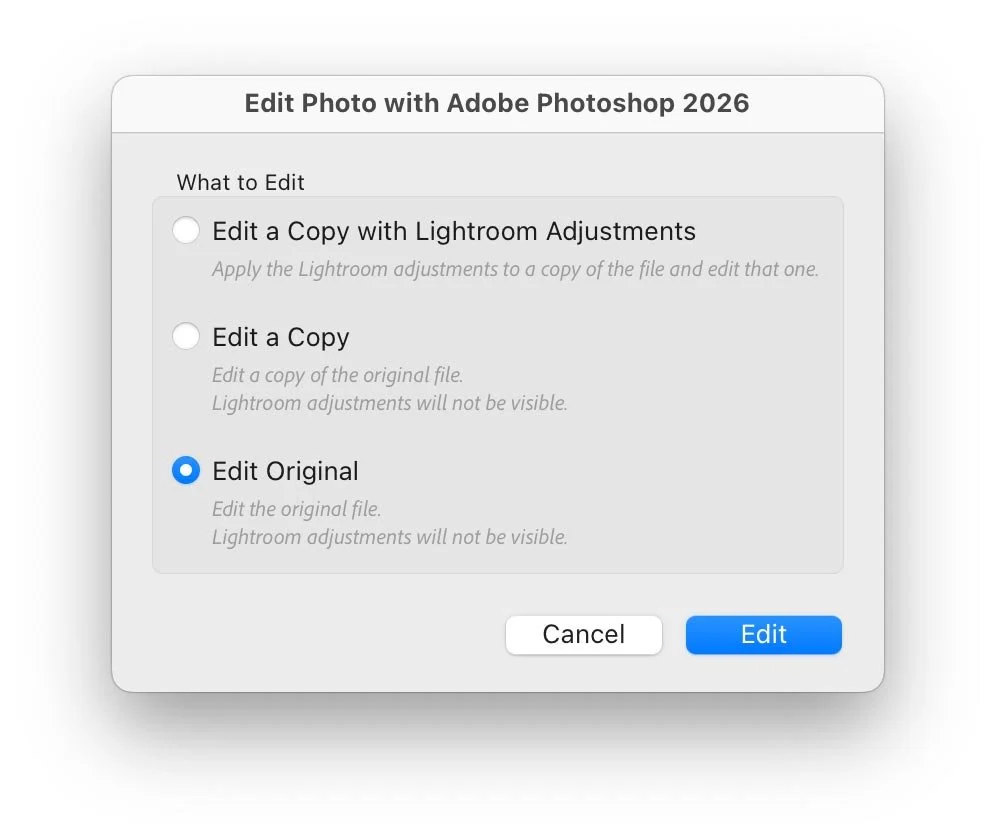 Screenshot of Edit Photo with Photoshop dialog in Lightroom showing the option to Edit Original