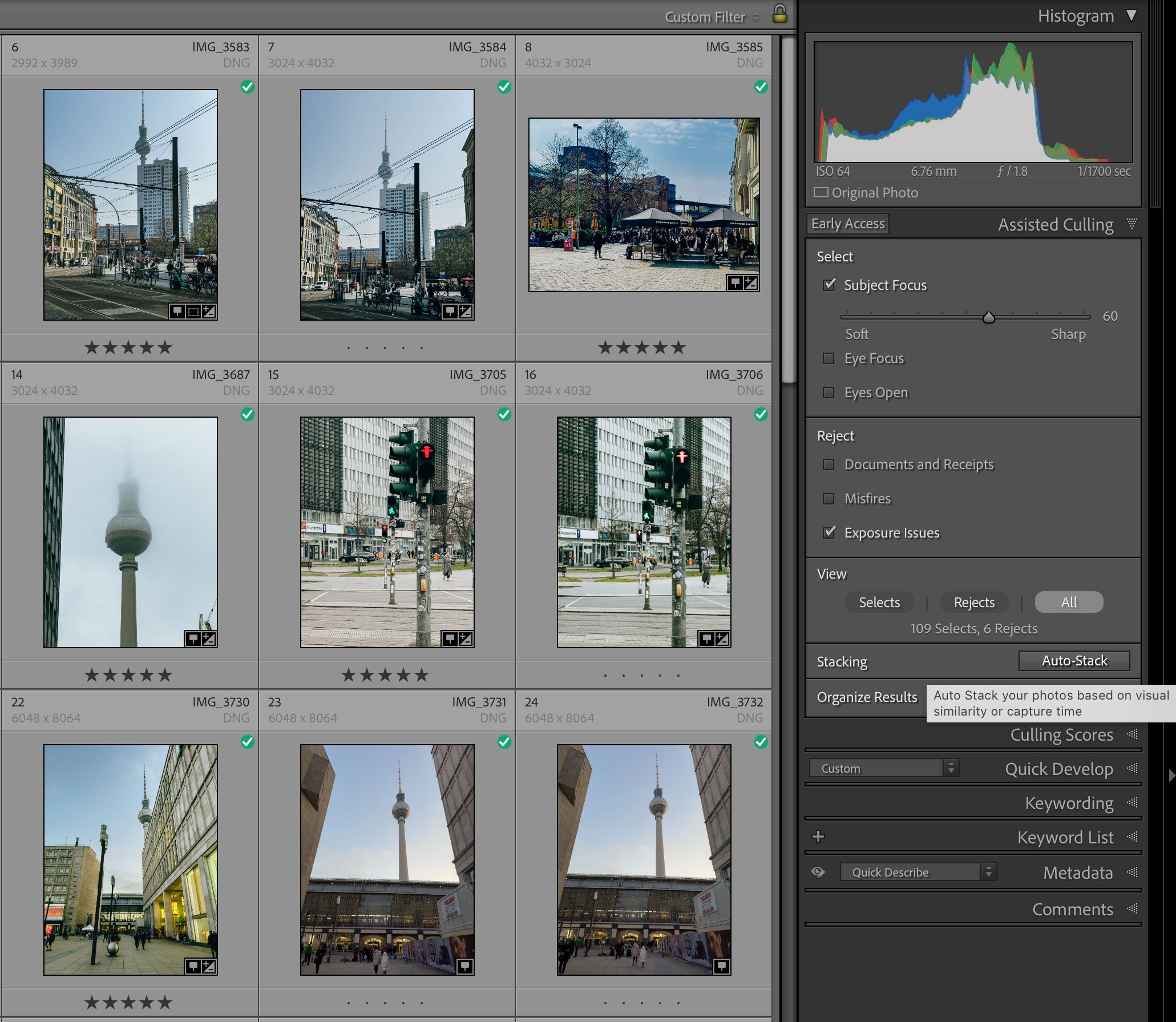 screenshot of Lightroom 15 showing AI assisted culling interface