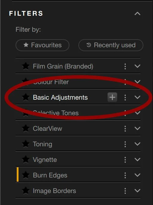 Screenshot from Nik Silver Efex showing how to add in the "basic adjustments" filter