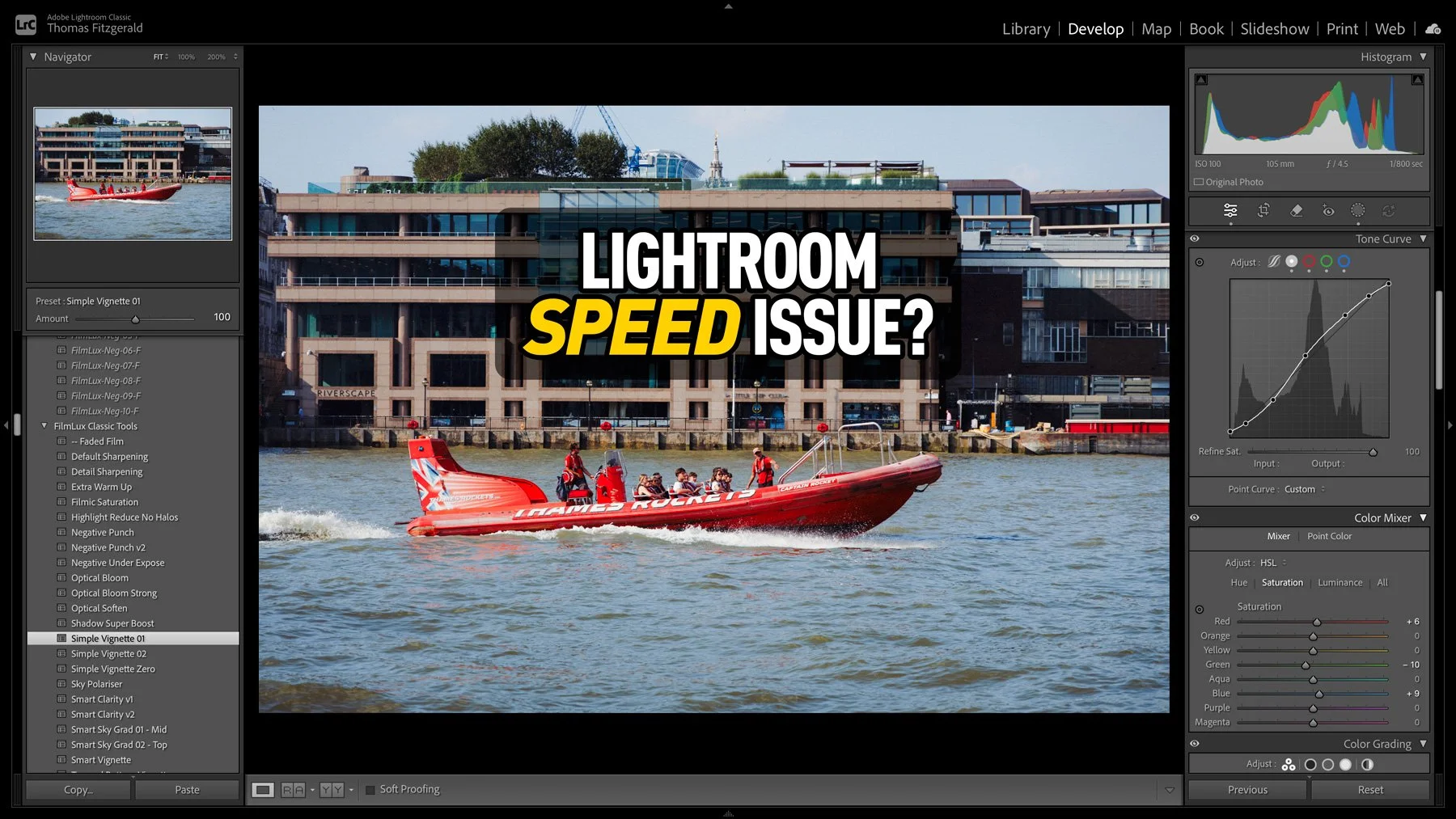 Screenshot of Lightroom Classic with a speedboat on the water and text that reads "Lightroom Speed Issue"