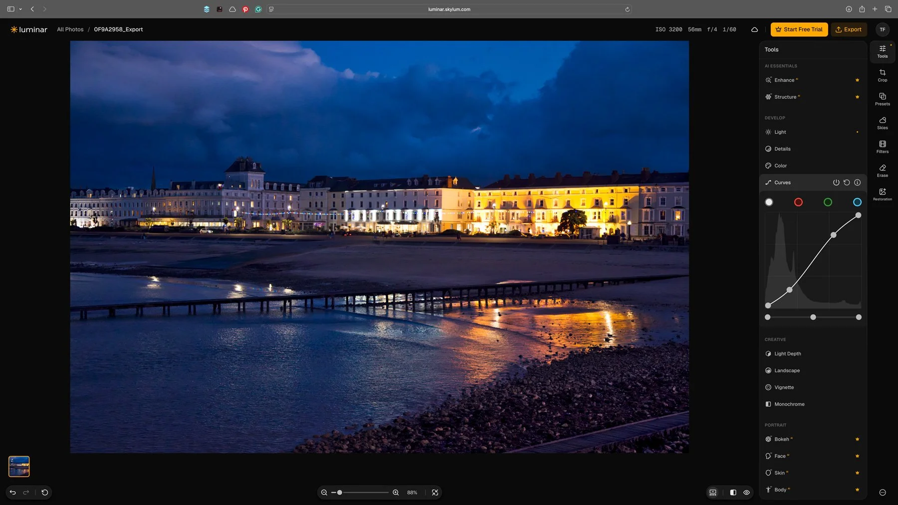 Screenshot of Luminar on the web