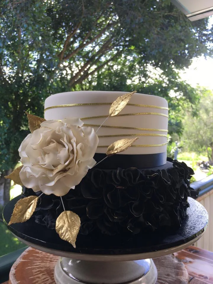 50th Birthday cake, white and gold with black ruffles