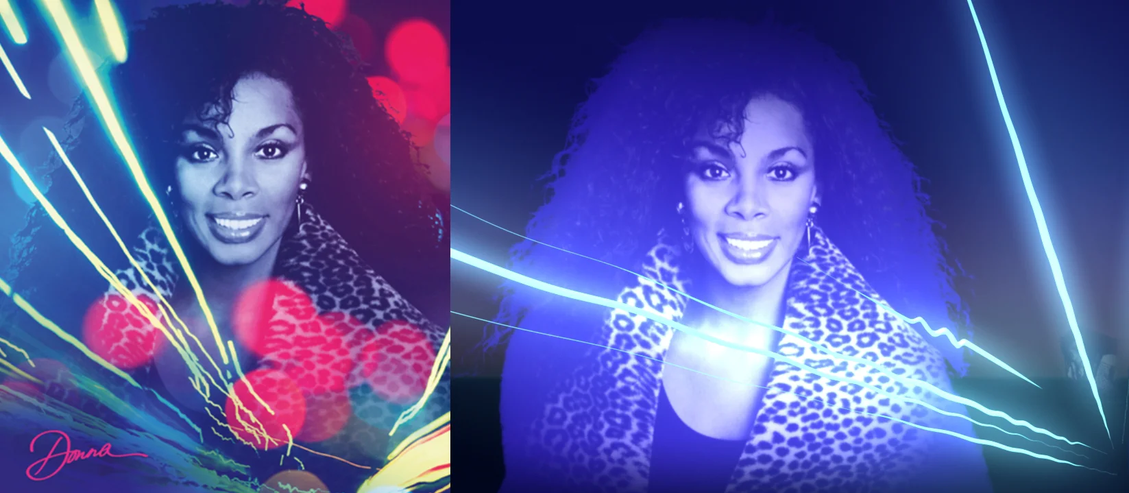 On the left is source postcard artwork from past CD release, while on the right is the animated test created at Flex to replicate the look