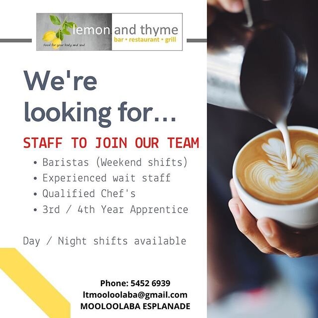 We've re-opened and looking for new members to join our team. * Weekend shifts available
* Experienced Barista for Saturday / Sunday shifts
* Qualified Chef
* 3rd or 4th Year Apprentice Chef

Email ltmooloolaba@gmail.com or drop by with your resume

