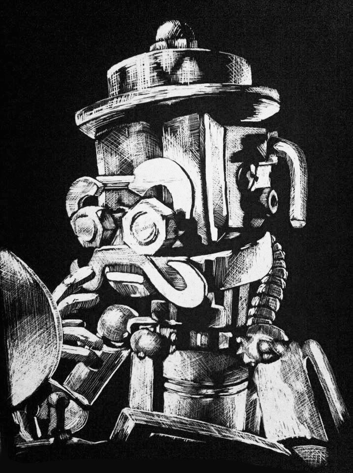 Scratchboard portrait of Walbro the Dapper Robot. 9" x 12"