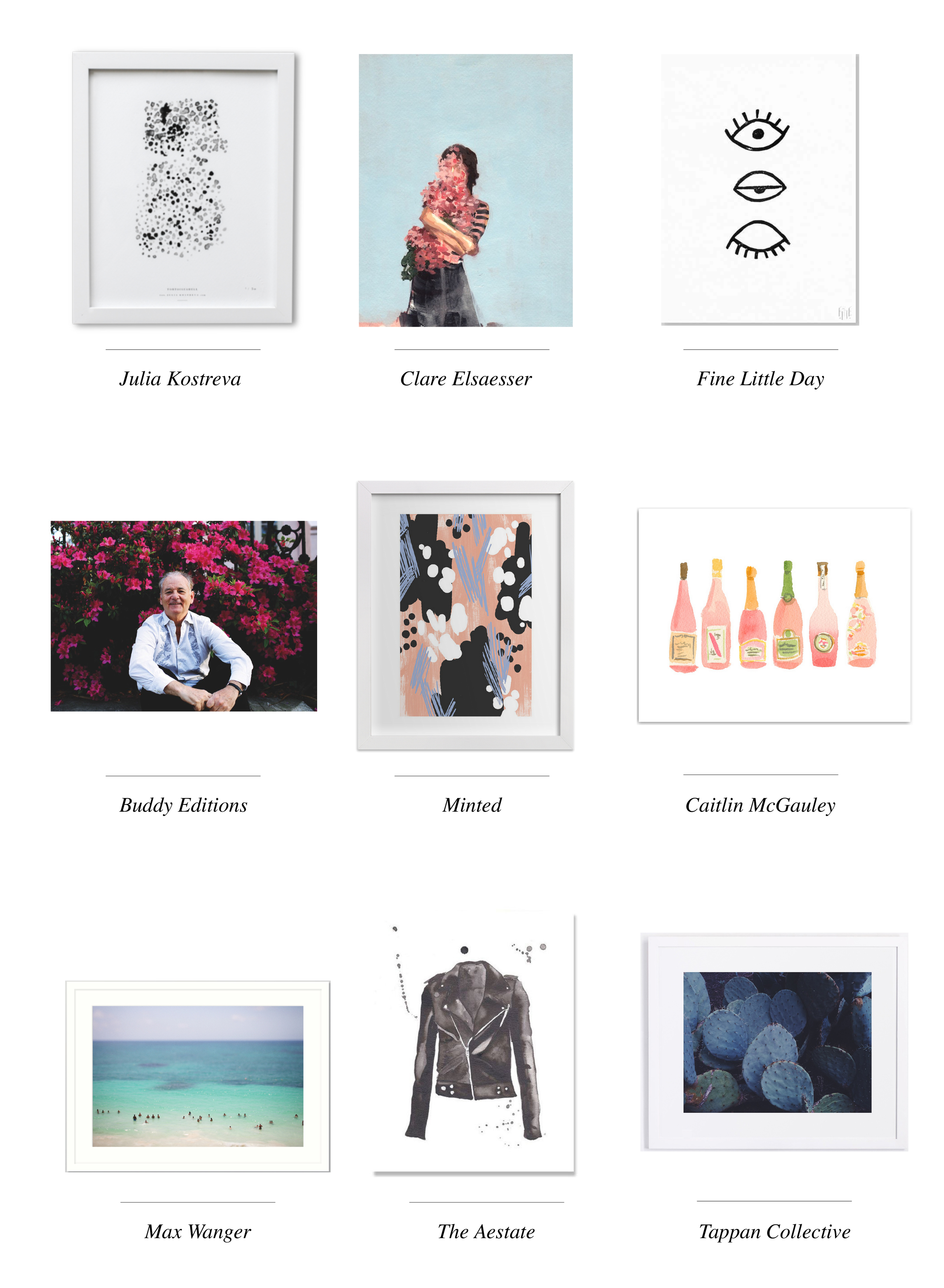 Julia Kostreva // Clare Elsaesser // Fine Little Day // Buddy Editions // Minted // Caitlin McGauley // Max Wanger // The Aestate // Tappan Collective