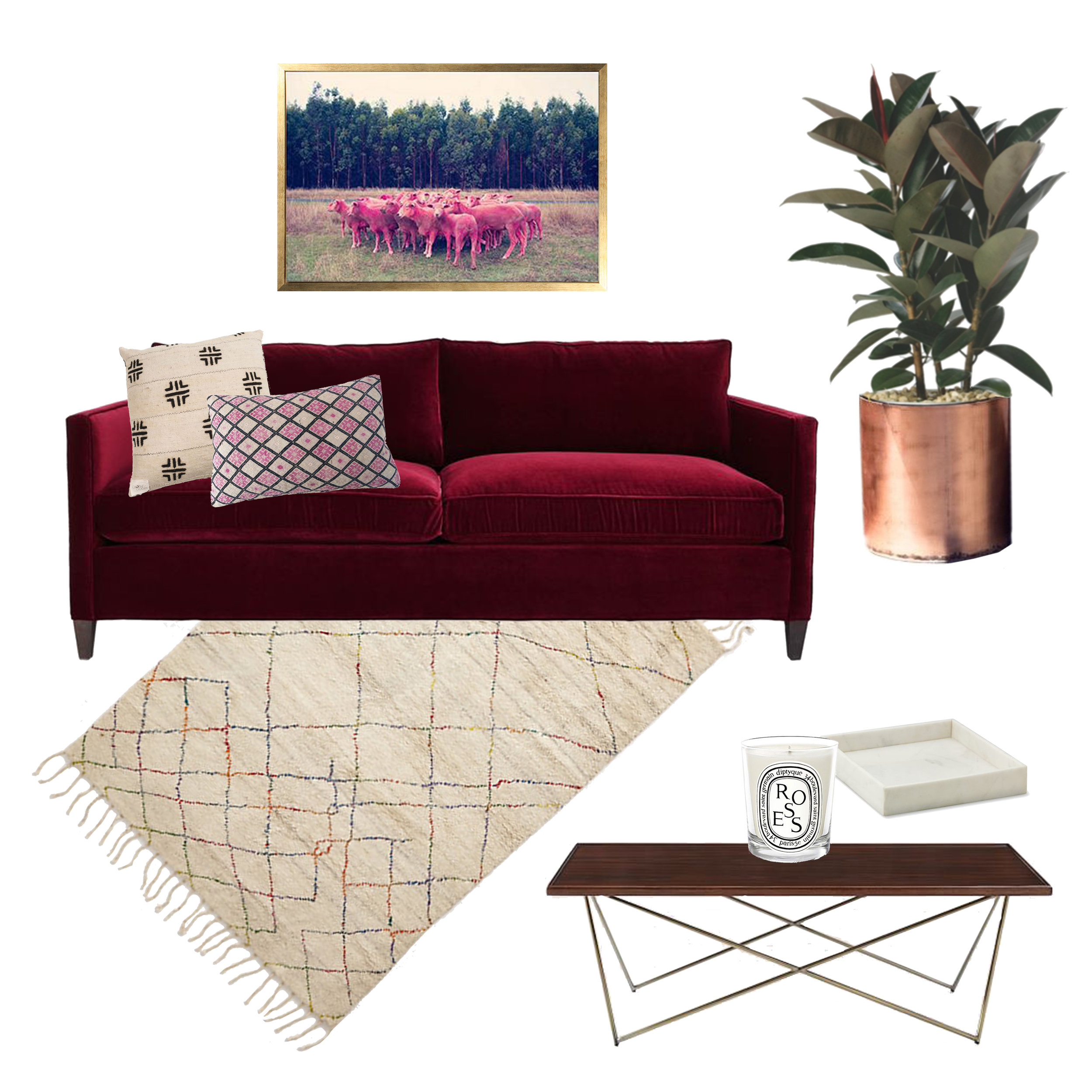 Couch (similar) // Photo // Plant // Marble Tra y // Candle // Coffee Table // Rug // Large Pillow // Small Pillow